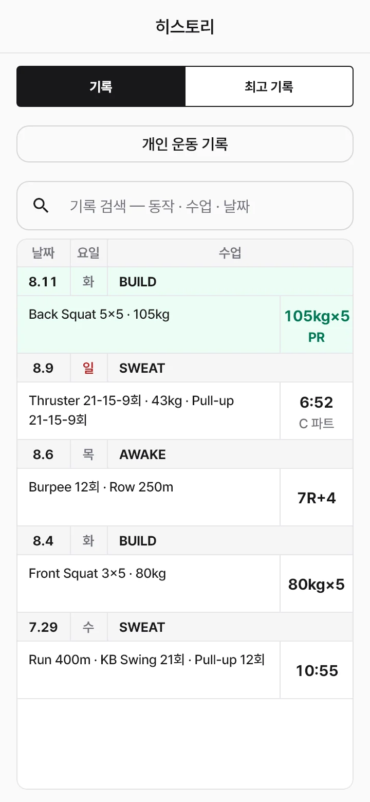 히스토리 — Back Squat 105kg×5 PR